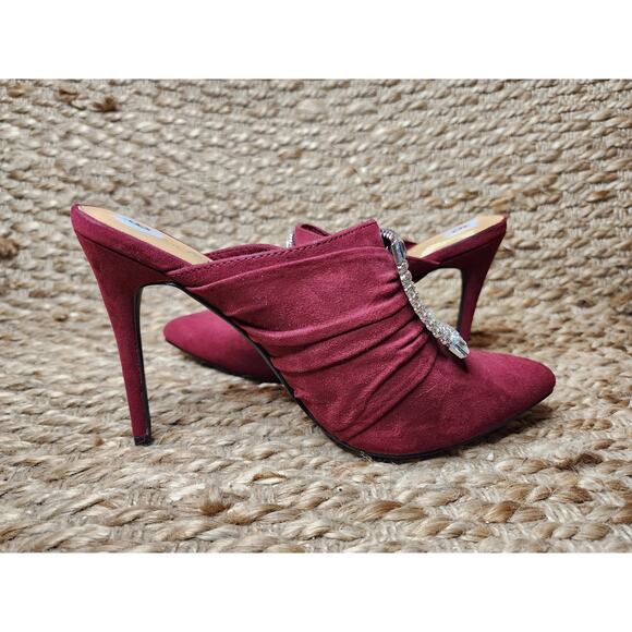 Anne Michelle Womens Slip On Mule High Heel Size 9 Rhinstone Buckle Burgundy Red - Picture 5 of 12